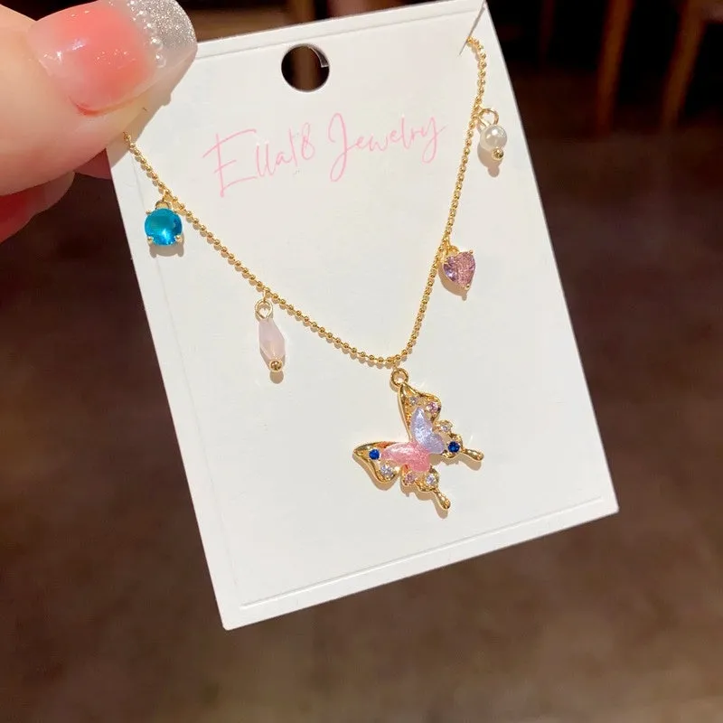 14K Gold-Plated Elegant Colorful Butterfly Pendant Necklaces