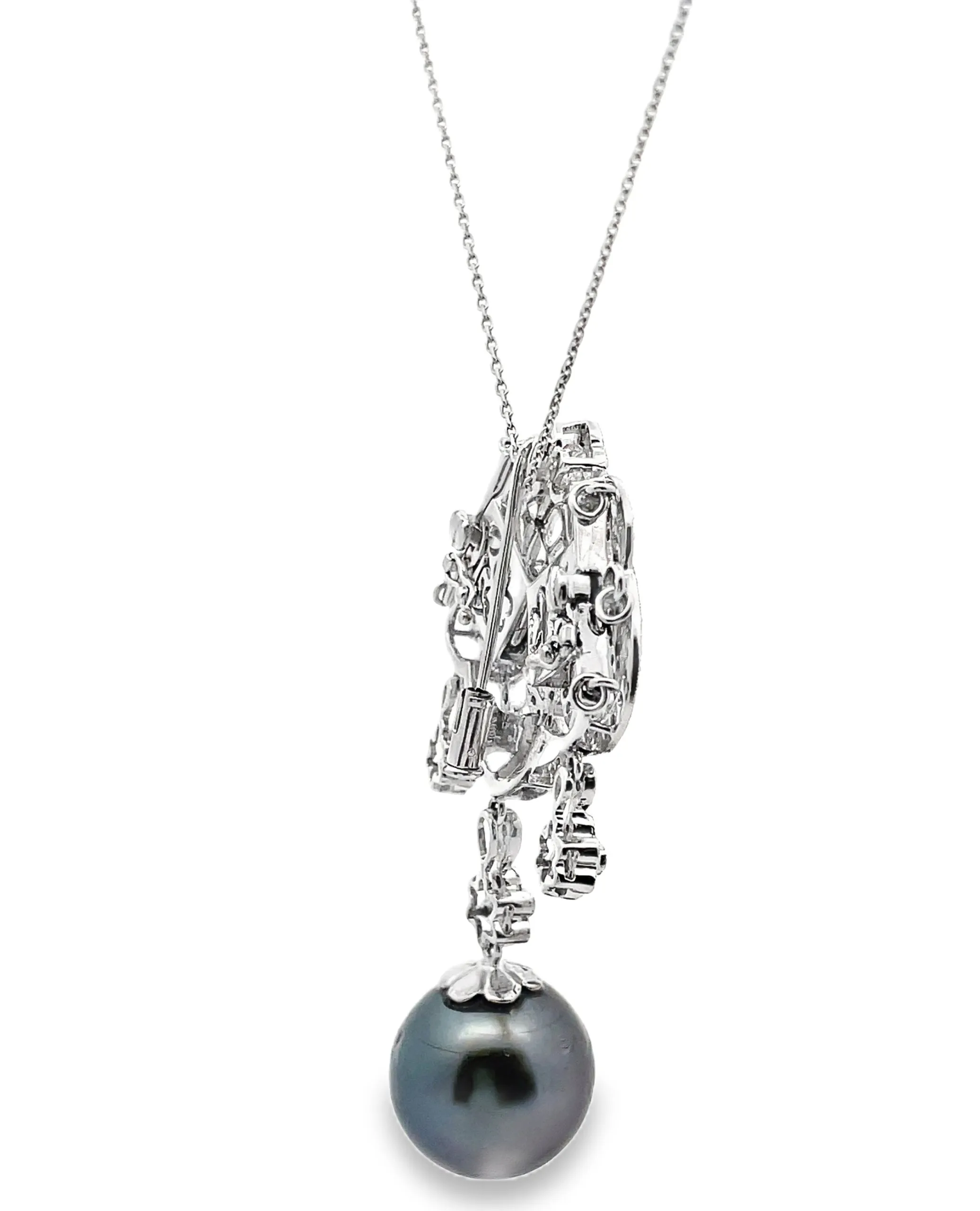 18K White Gold Antique Inspired Pendant Necklace with South Sea Tahitian Pearl