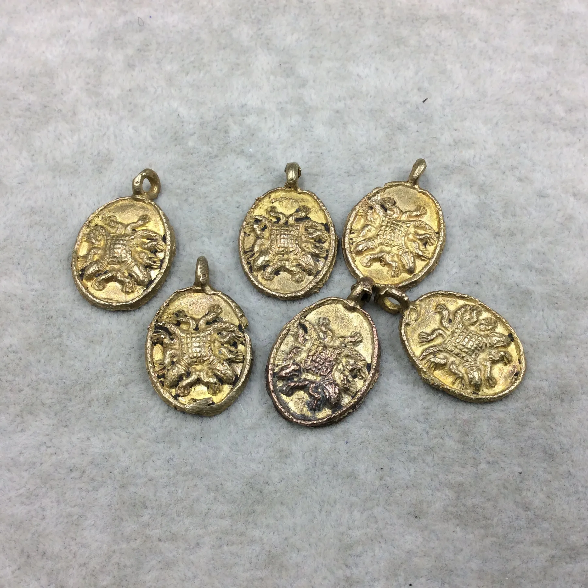 19mm x 23mm Hand Made Oxidized Copper/Brass Plated Very Rustic Oval Shape Double Lizard Pendant From Ghana W Attached Ring And Flat Back  -