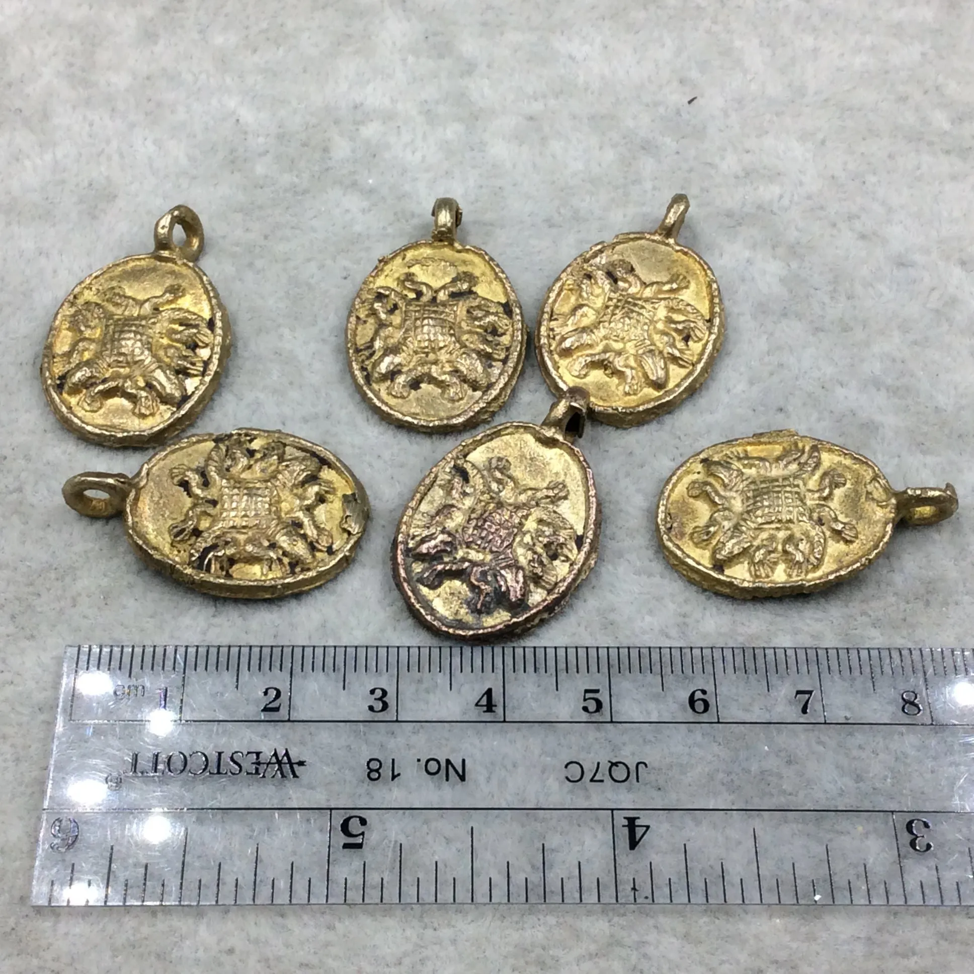 19mm x 23mm Hand Made Oxidized Copper/Brass Plated Very Rustic Oval Shape Double Lizard Pendant From Ghana W Attached Ring And Flat Back  -