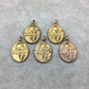 19mm x 23mm Hand Made Oxidized Copper/Brass Plated Very Rustic Oval Shape Sawfish Pendant From Ghana with Attached Ring And Flat Back  -