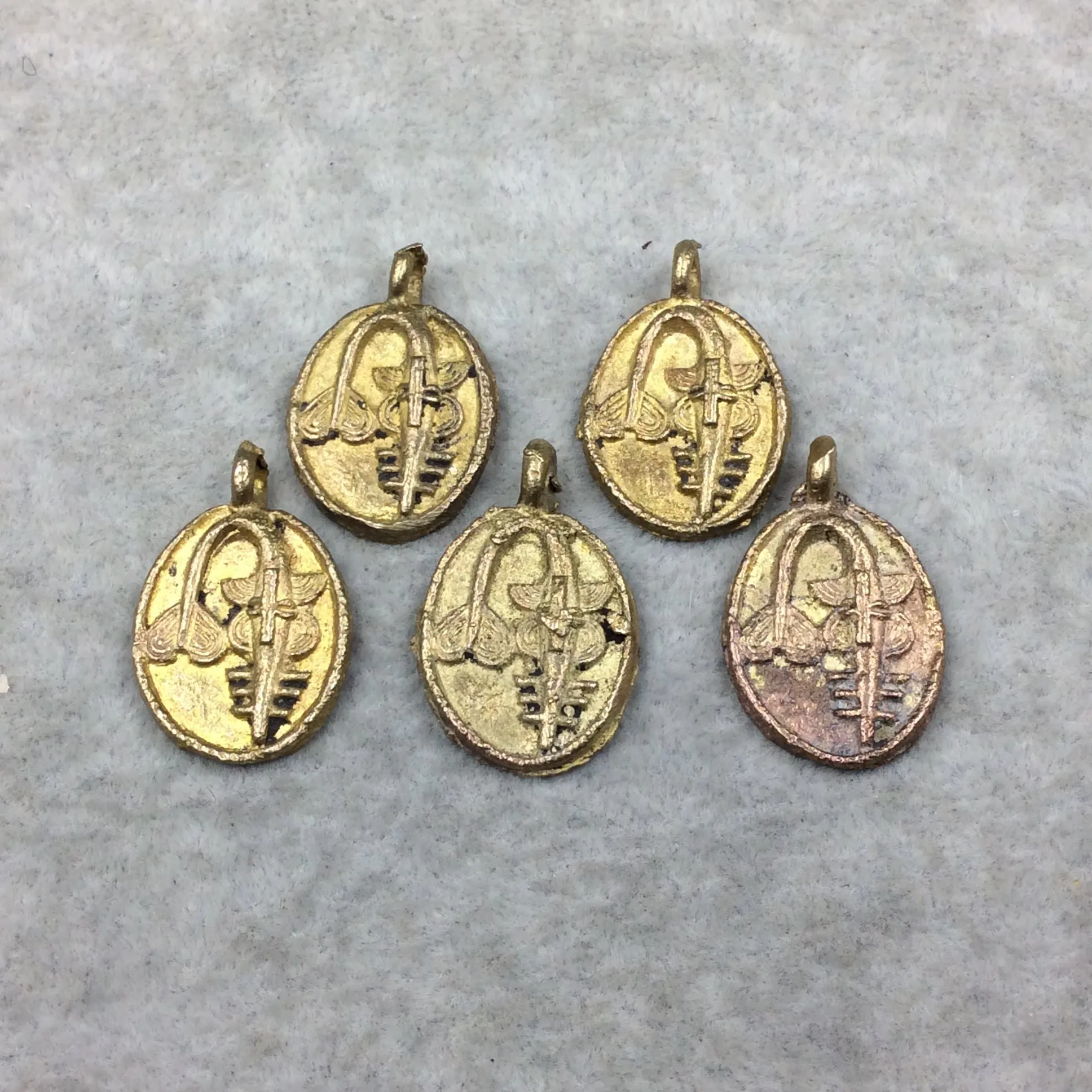 19mm x 23mm Hand Made Oxidized Copper/Brass Plated Very Rustic Oval Shape Sawfish Pendant From Ghana with Attached Ring And Flat Back  -