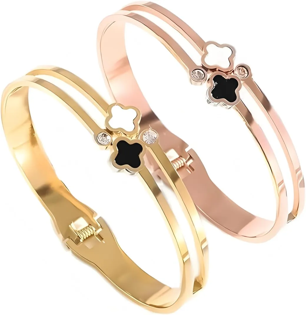 2Pcs 18K Gold Plated Plated Clover Lucky Bangle Bracelet,Black and White Shell& Zirconia Simulate Diamond Bangle Gifts For Woman