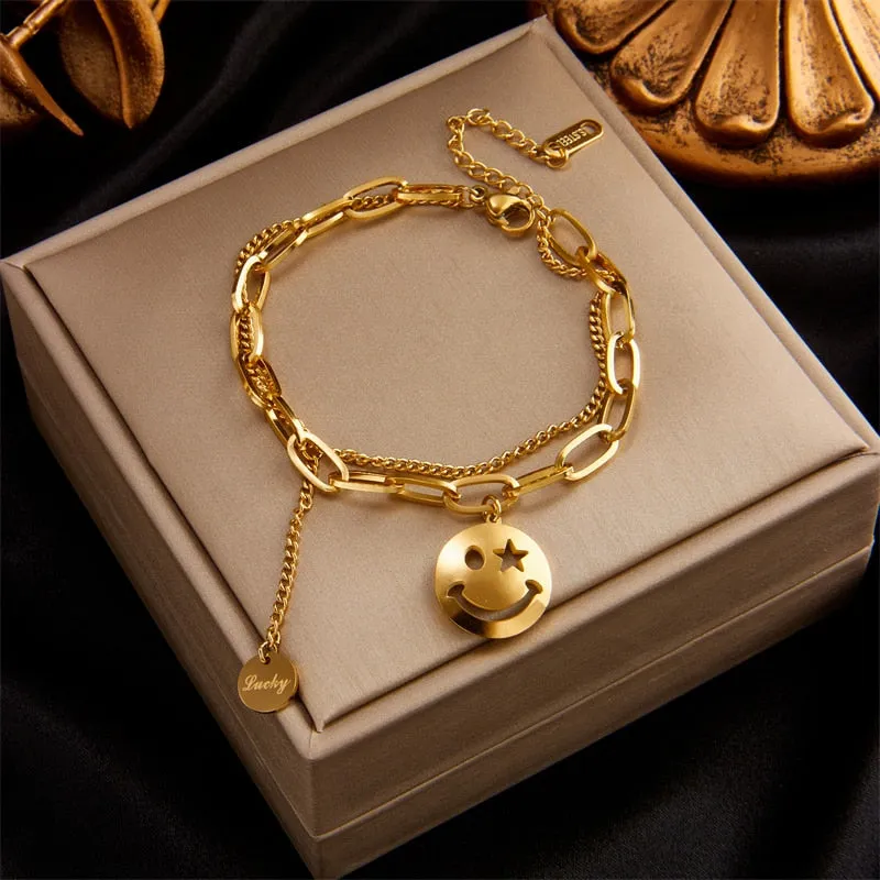 316L Stainless Steel 2 Layer Smile Face Pendant Bracelet For Women