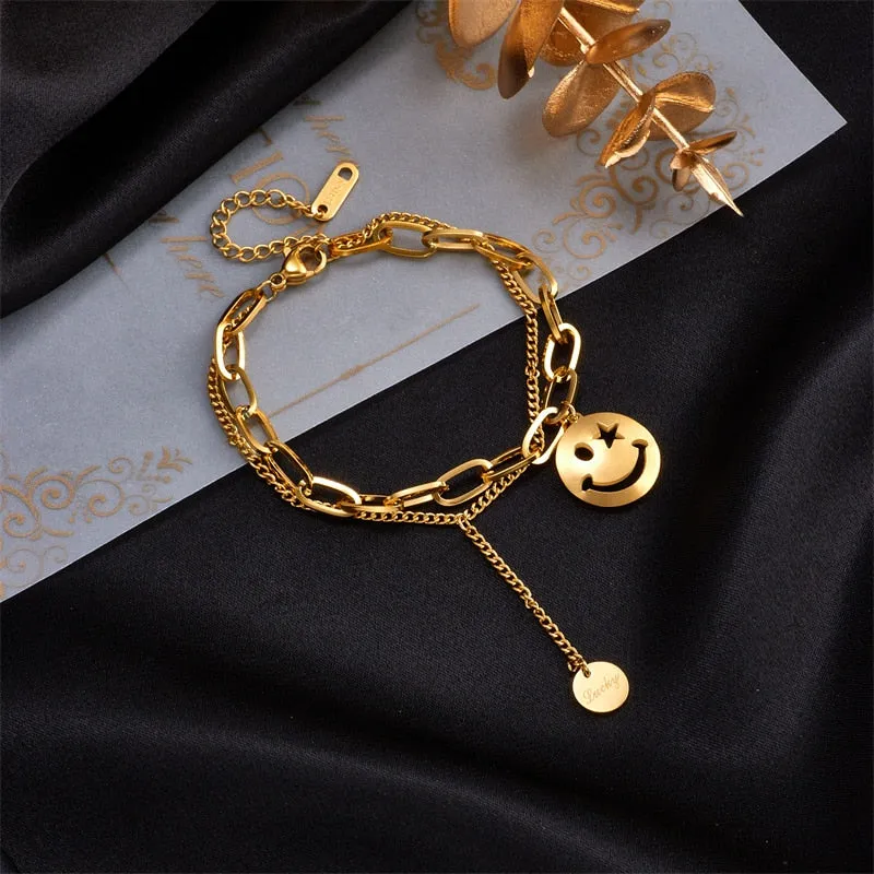 316L Stainless Steel 2 Layer Smile Face Pendant Bracelet For Women
