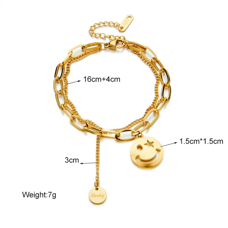 316L Stainless Steel 2 Layer Smile Face Pendant Bracelet For Women