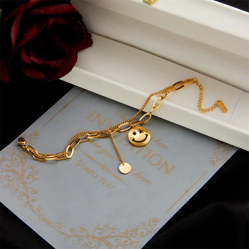 316L Stainless Steel 2 Layer Smile Face Pendant Bracelet For Women