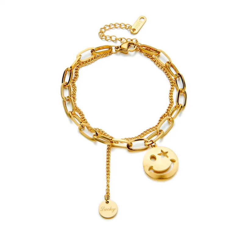316L Stainless Steel 2 Layer Smile Face Pendant Bracelet For Women