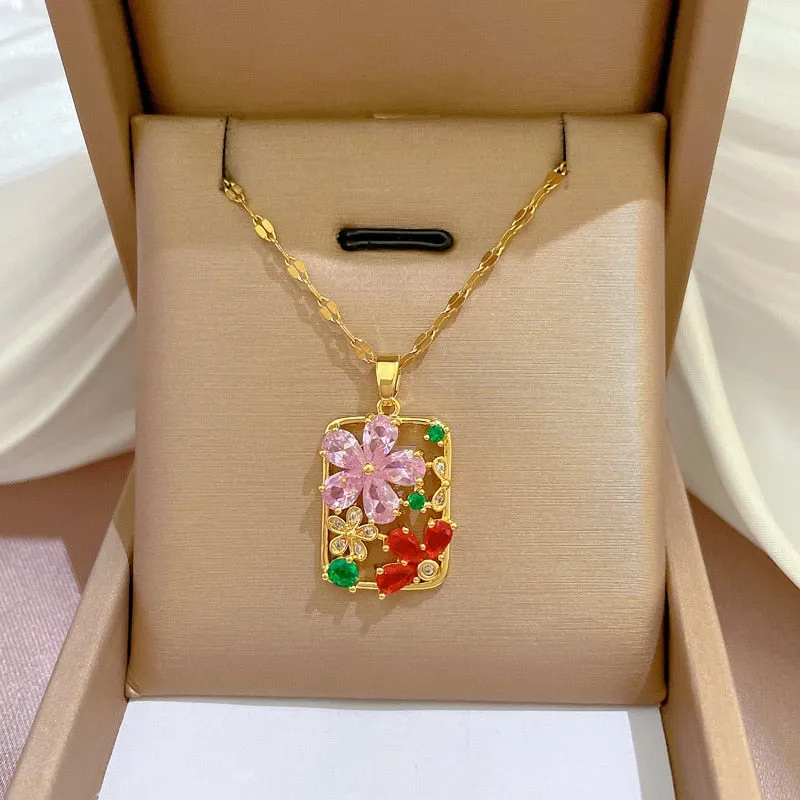 316L Stainless Steel Colorful Stone Flower Pendant Necklace For Women