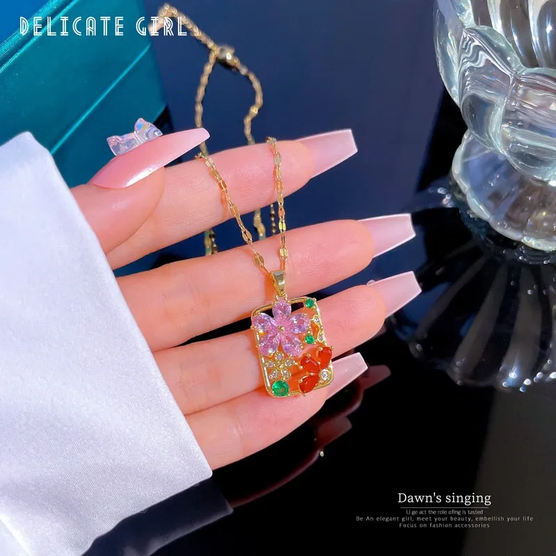316L Stainless Steel Colorful Stone Flower Pendant Necklace For Women