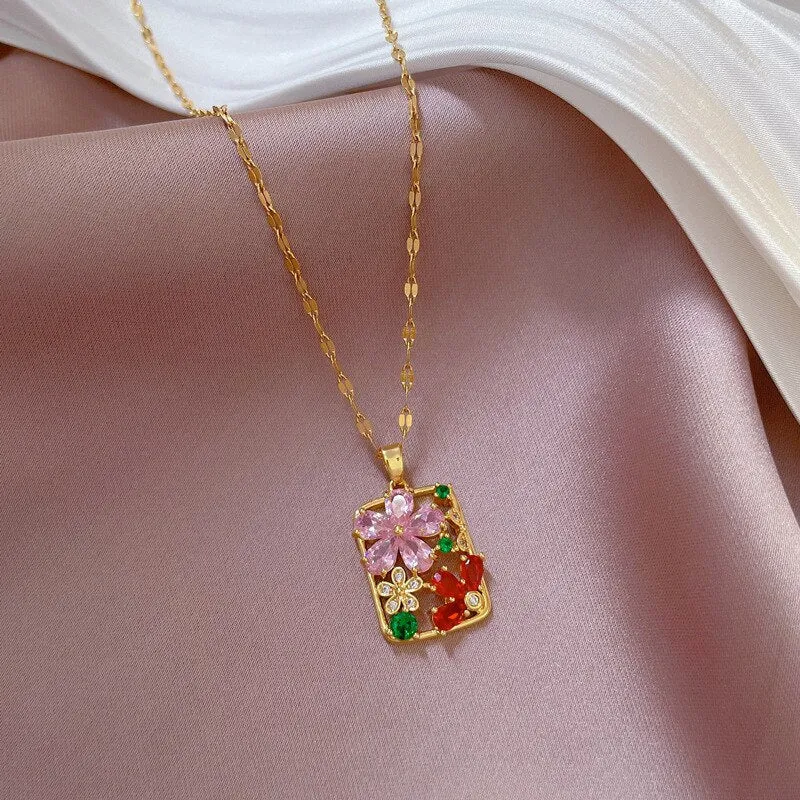 316L Stainless Steel Colorful Stone Flower Pendant Necklace For Women