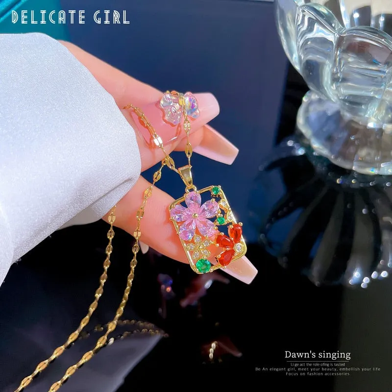 316L Stainless Steel Colorful Stone Flower Pendant Necklace For Women