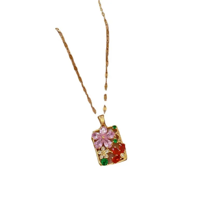 316L Stainless Steel Colorful Stone Flower Pendant Necklace For Women