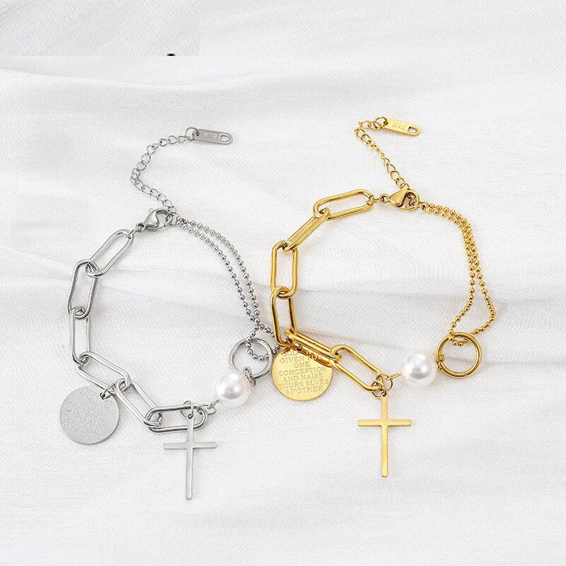 316L Stainless Steel Personalized Asymmetrical Chain Cross Pendant Metal Sweet Cool Pearl Bracelet