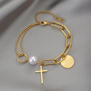 316L Stainless Steel Personalized Asymmetrical Chain Cross Pendant Metal Sweet Cool Pearl Bracelet