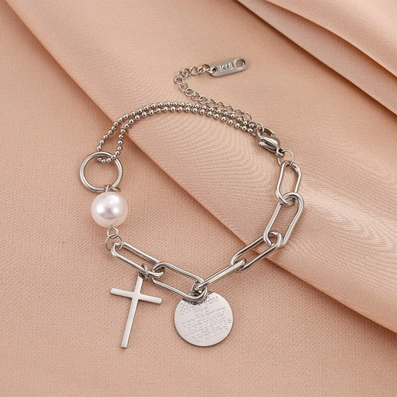316L Stainless Steel Personalized Asymmetrical Chain Cross Pendant Metal Sweet Cool Pearl Bracelet