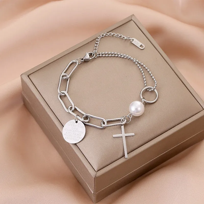 316L Stainless Steel Personalized Asymmetrical Chain Cross Pendant Metal Sweet Cool Pearl Bracelet