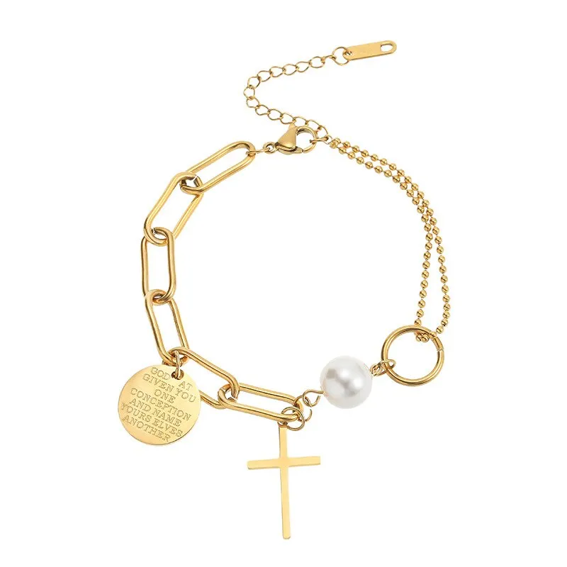 316L Stainless Steel Personalized Asymmetrical Chain Cross Pendant Metal Sweet Cool Pearl Bracelet