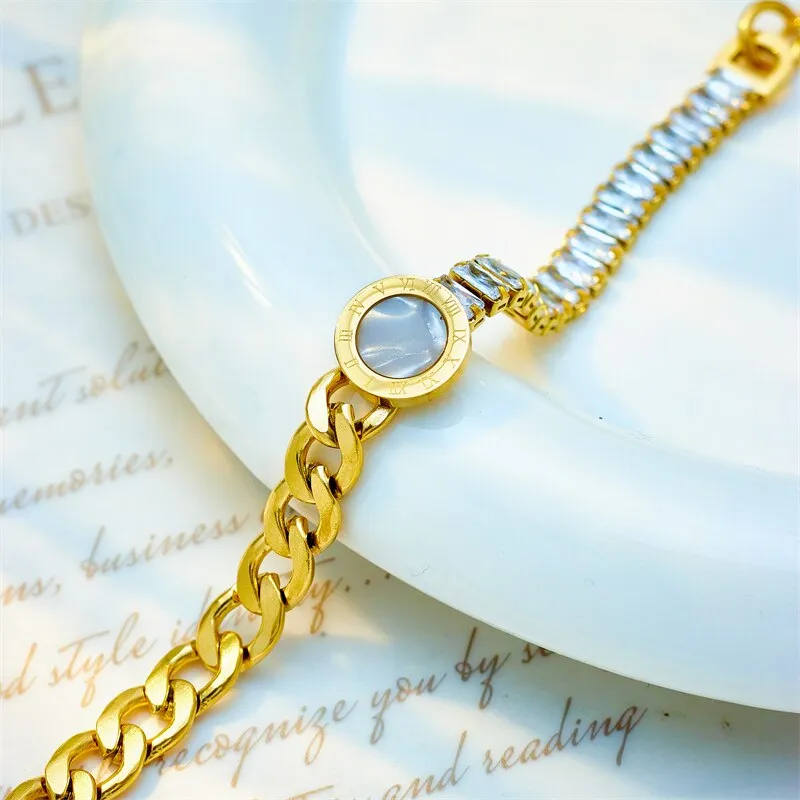 316L Stainless Steel Round Roman Numeral Dial Charm Bracelet For Women
