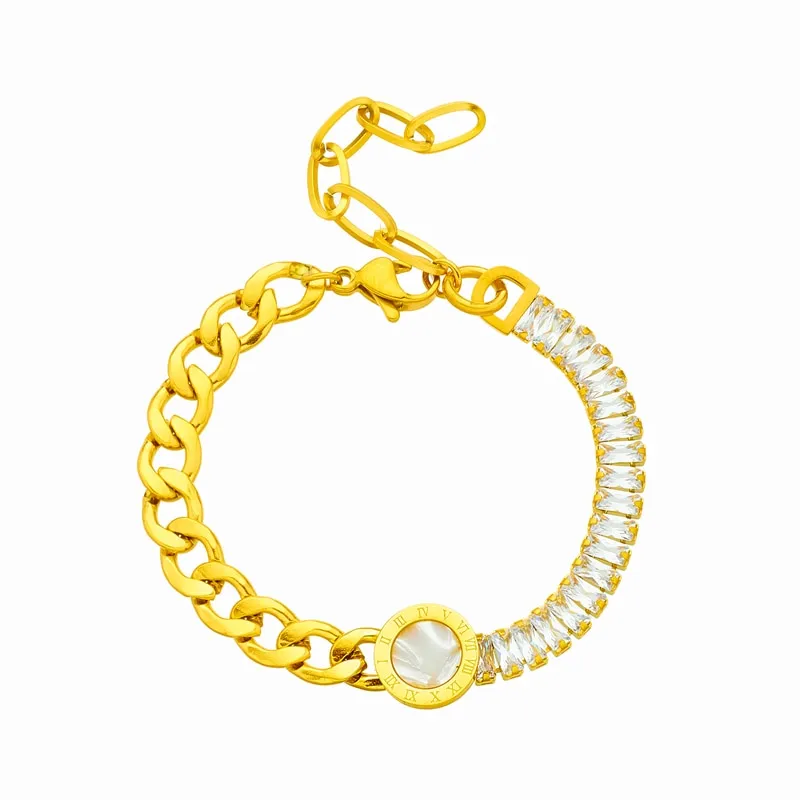 316L Stainless Steel Round Roman Numeral Dial Charm Bracelet For Women