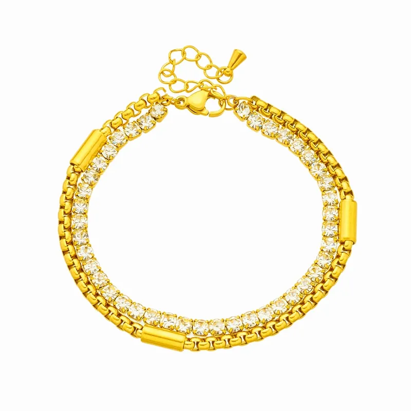 316L Stainless Steel White Sparkling Zircon 2in1 Chains Bracelet For Women