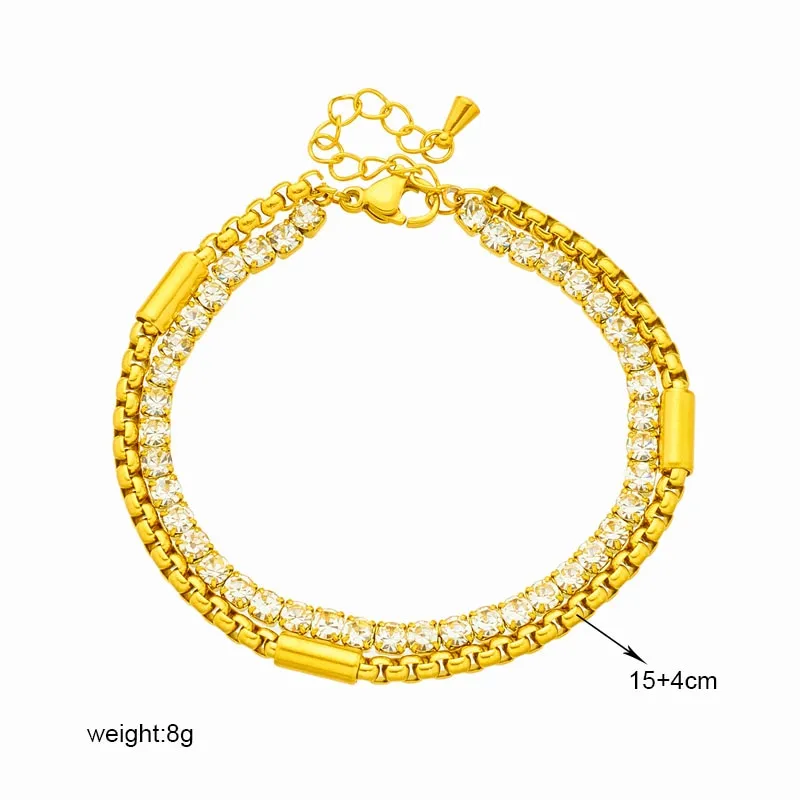 316L Stainless Steel White Sparkling Zircon 2in1 Chains Bracelet For Women