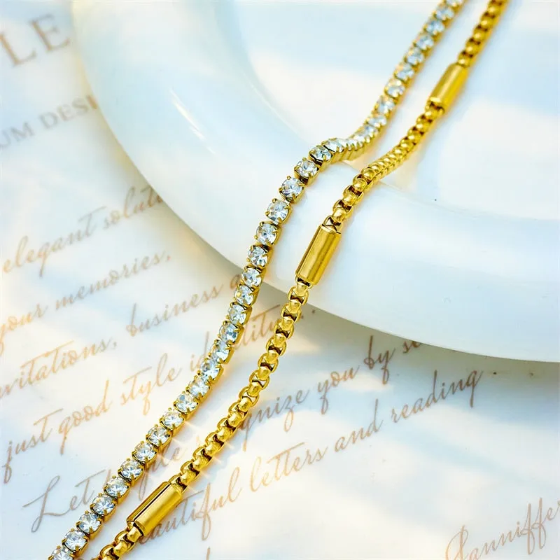 316L Stainless Steel White Sparkling Zircon 2in1 Chains Bracelet For Women