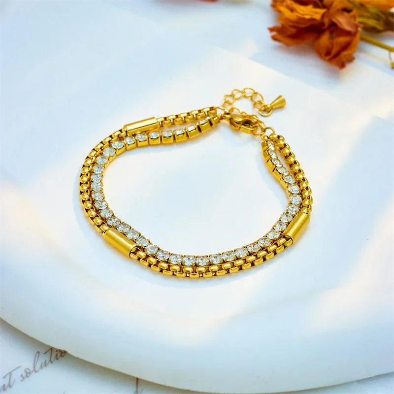 316L Stainless Steel White Sparkling Zircon 2in1 Chains Bracelet For Women