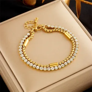 316L Stainless Steel White Sparkling Zircon 2in1 Chains Bracelet For Women