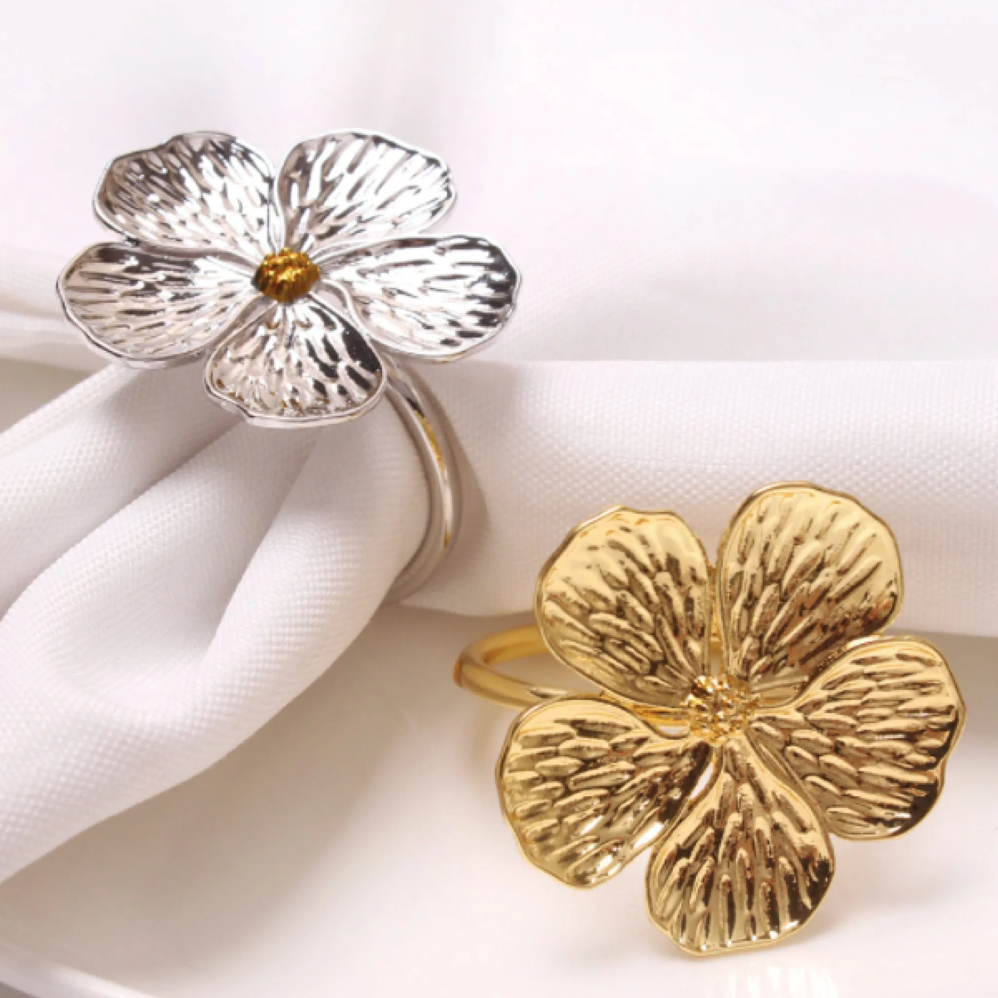 5 Leaf Flower Napkin Ring Set of 6 in Gold, Silver, or White