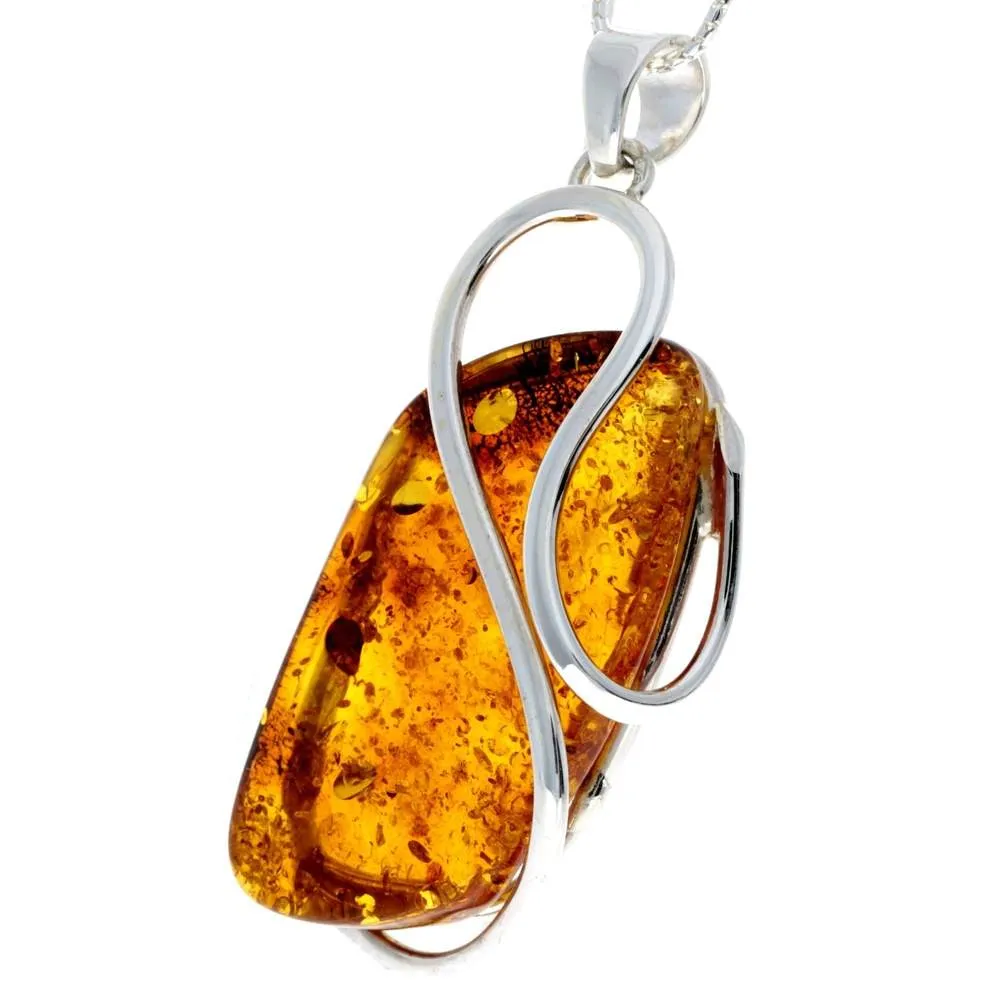 925 Sterling Silver & Genuine Cognac Baltic Amber Exlusive Unique Pendant - PD2161