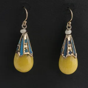 Antique 19th century Peking glass Kingfisher feather Mandarin court counterweight bead earrings. eror482