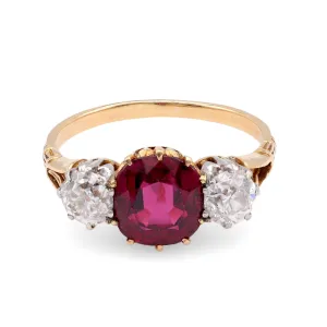 Antique 2.11 Carat No Heat Ruby Diamond 18K Yellow Gold Three Stone Ring