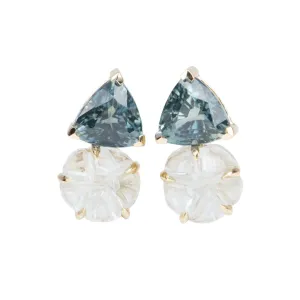 Aquamarine Carving and Teal Sapphire Earrings 14K Gold R3112