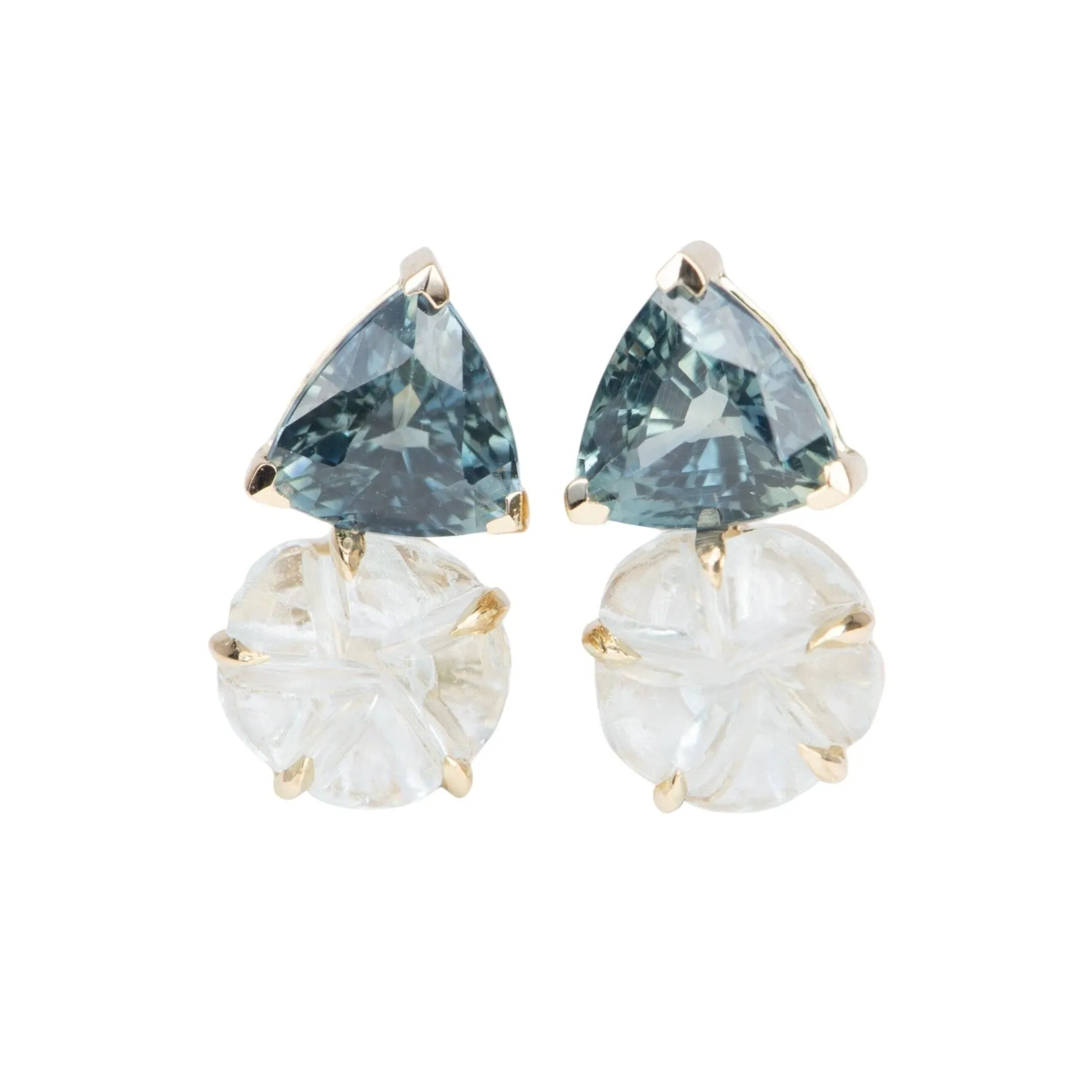 Aquamarine Carving and Teal Sapphire Earrings 14K Gold R3112