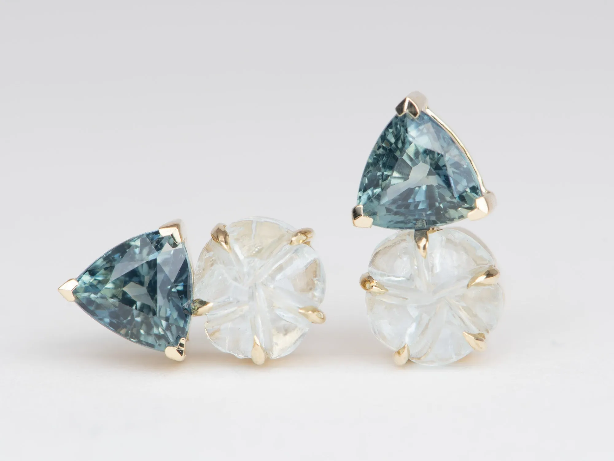 Aquamarine Carving and Teal Sapphire Earrings 14K Gold R3112