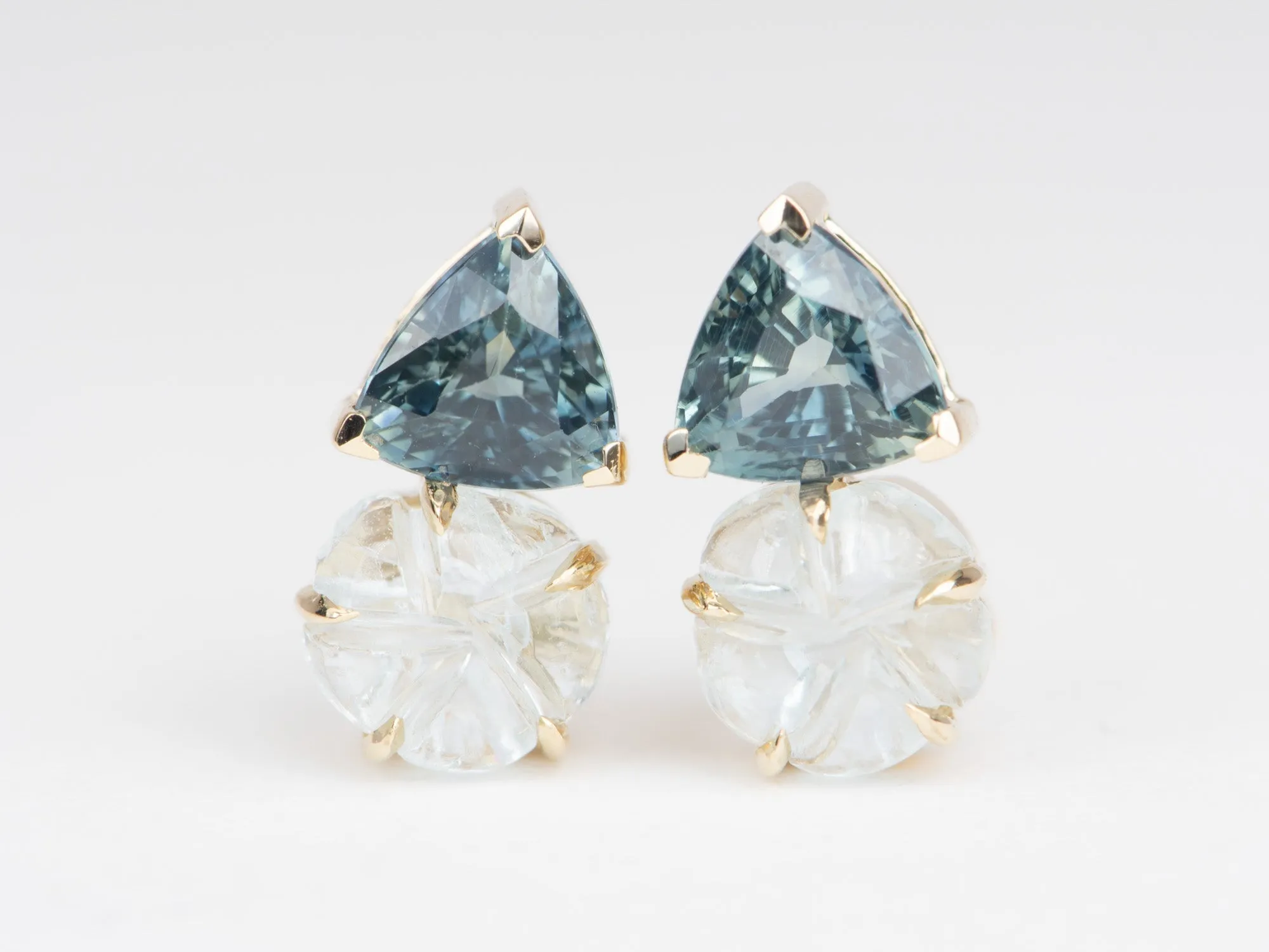 Aquamarine Carving and Teal Sapphire Earrings 14K Gold R3112