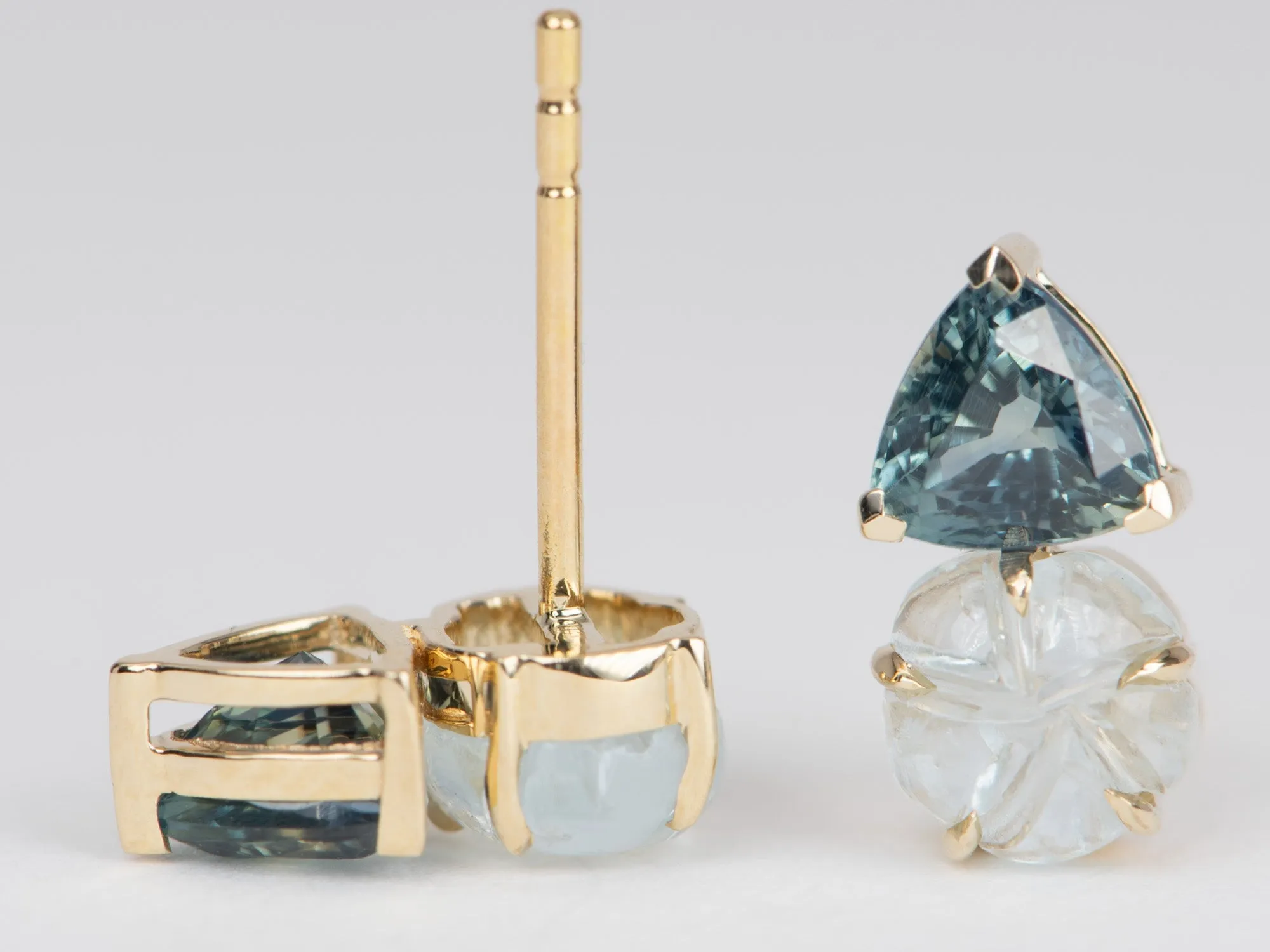 Aquamarine Carving and Teal Sapphire Earrings 14K Gold R3112