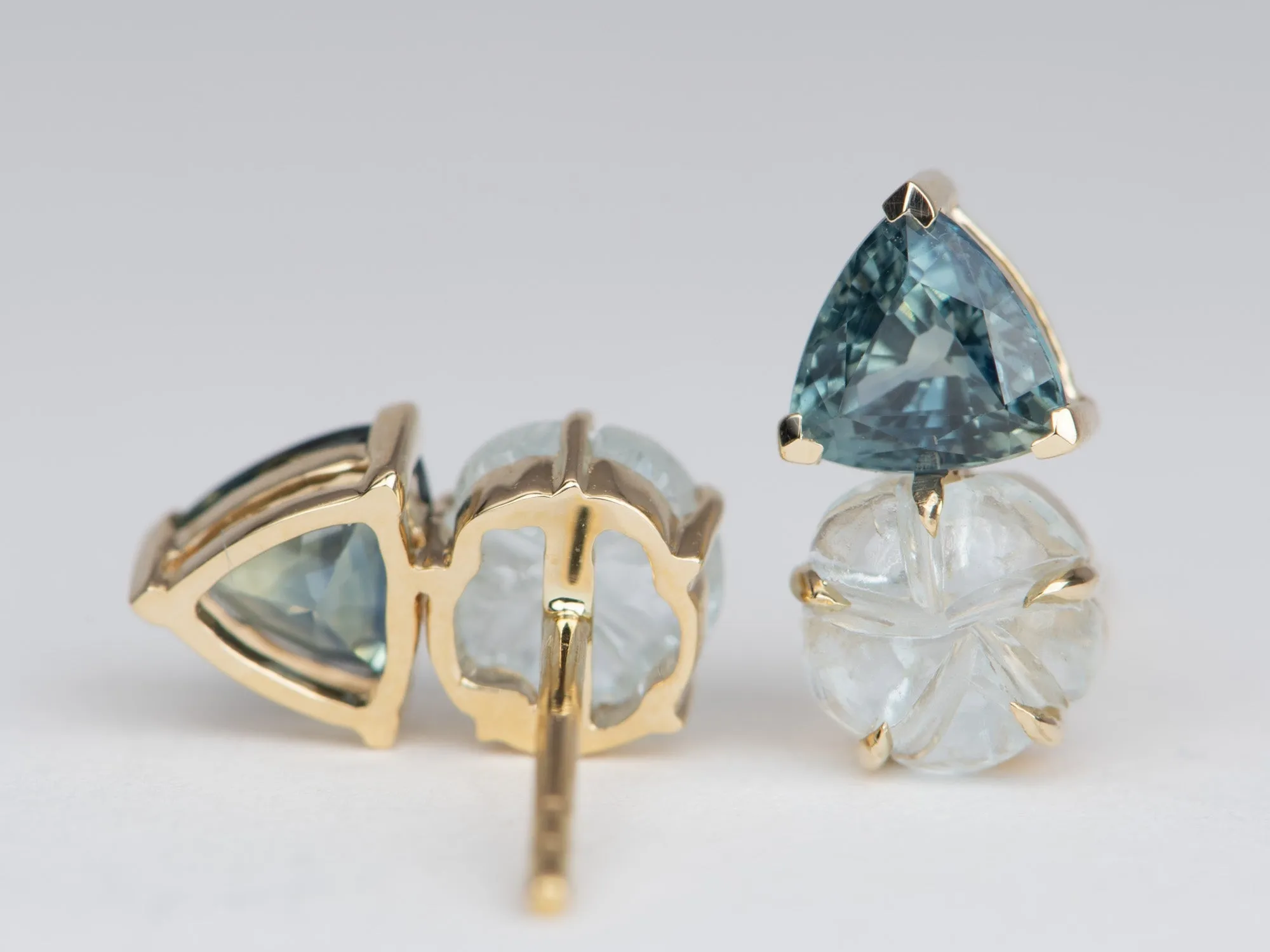 Aquamarine Carving and Teal Sapphire Earrings 14K Gold R3112