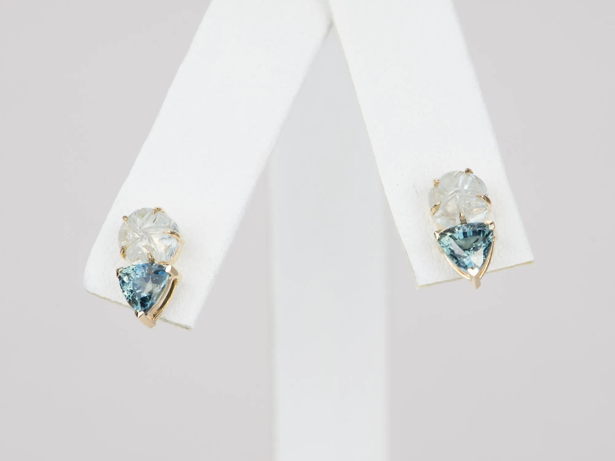 Aquamarine Carving and Teal Sapphire Earrings 14K Gold R3112