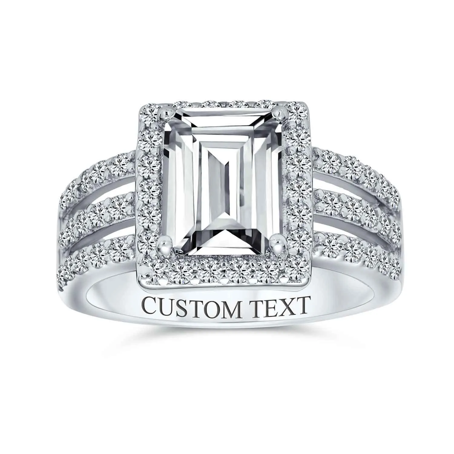 Art Deco 3CTW Emerald Cut Halo Engagement Ring, Sterling Silver Wide Band