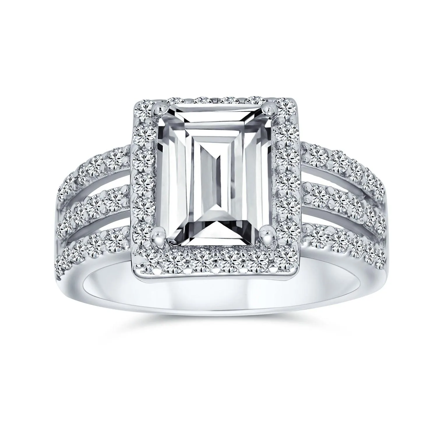 Art Deco 3CTW Emerald Cut Halo Engagement Ring, Sterling Silver Wide Band