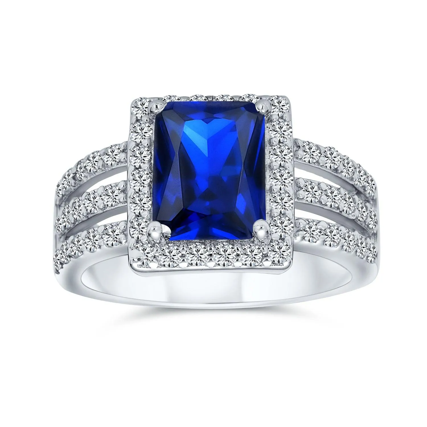 Art Deco 3CTW Emerald Cut Halo Engagement Ring, Sterling Silver Wide Band