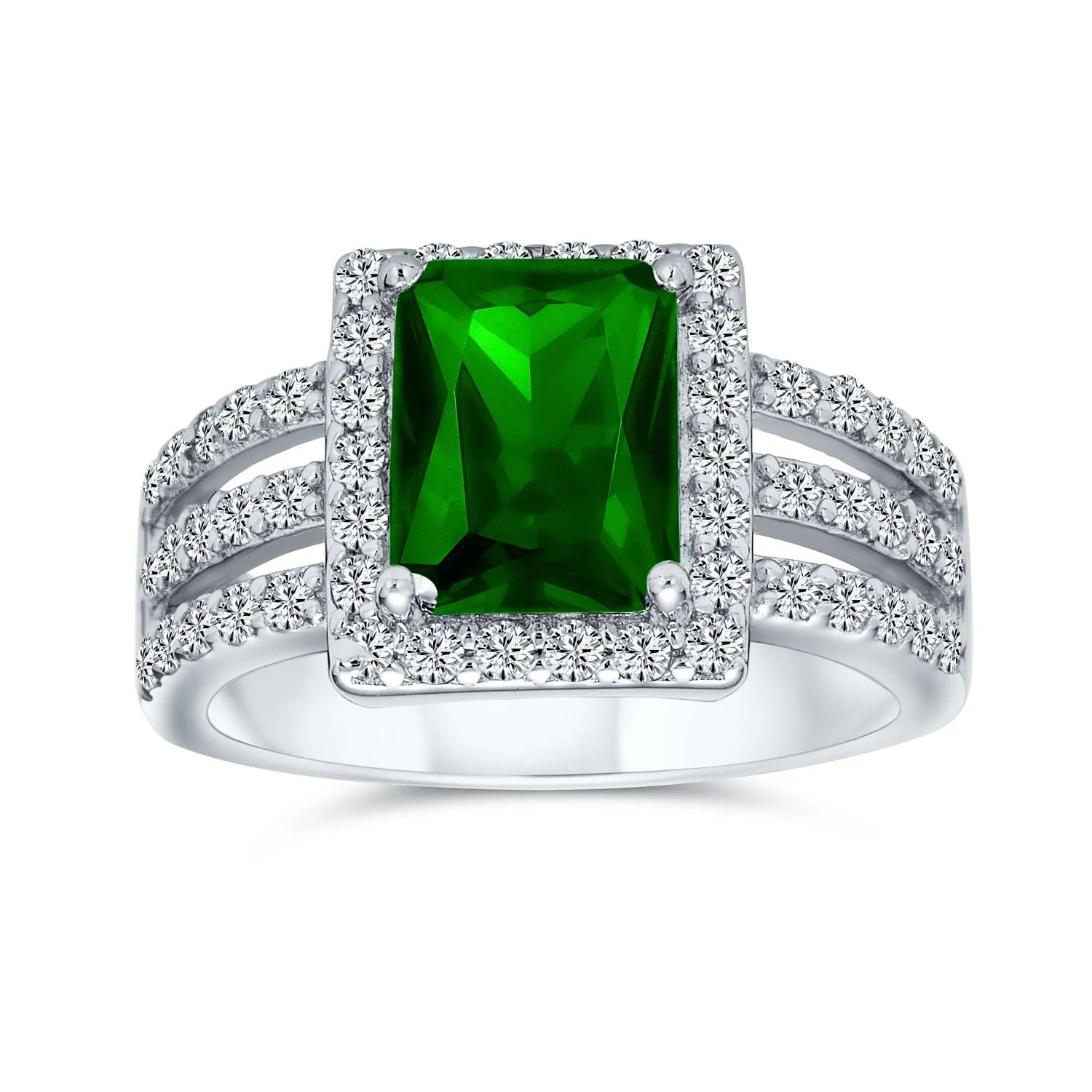 Art Deco 3CTW Emerald Cut Halo Engagement Ring, Sterling Silver Wide Band