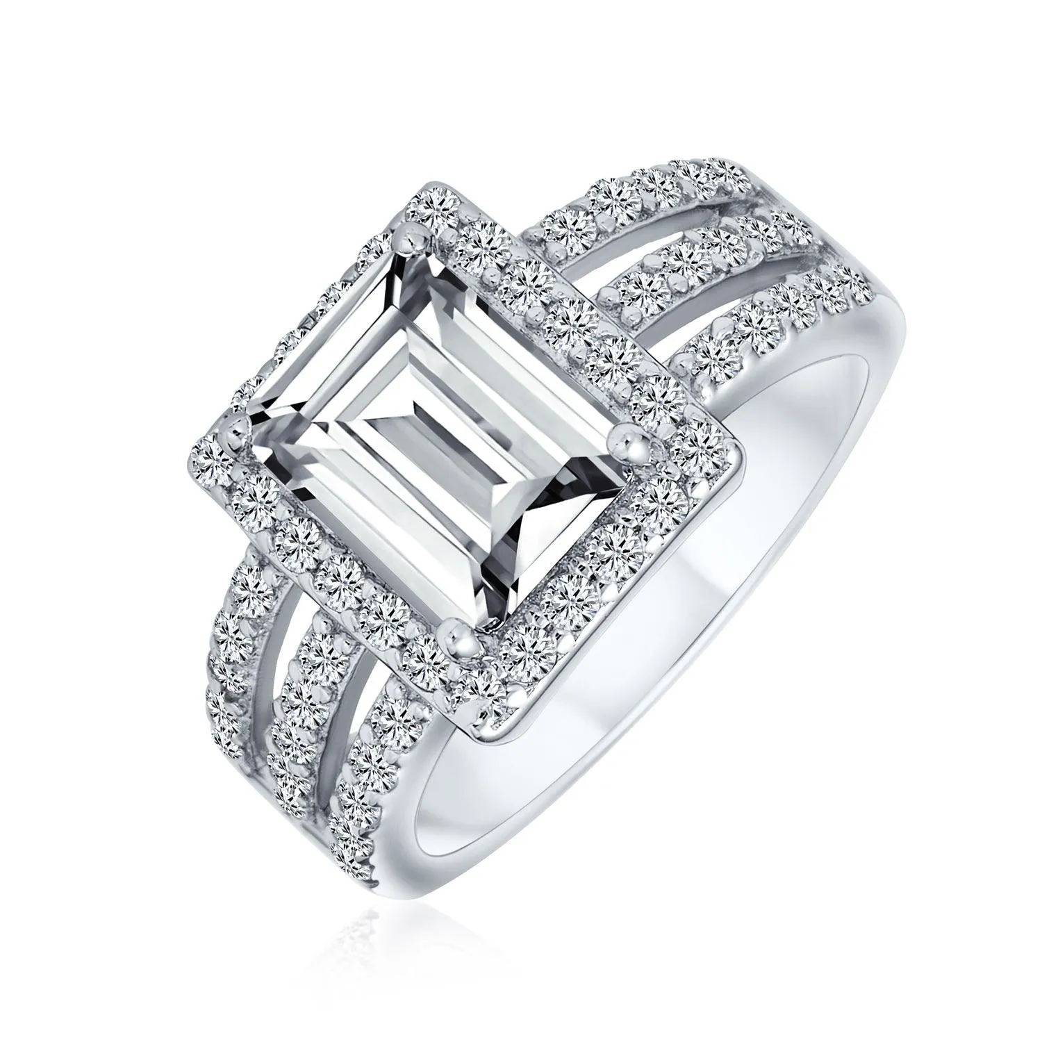 Art Deco 3CTW Emerald Cut Halo Engagement Ring, Sterling Silver Wide Band
