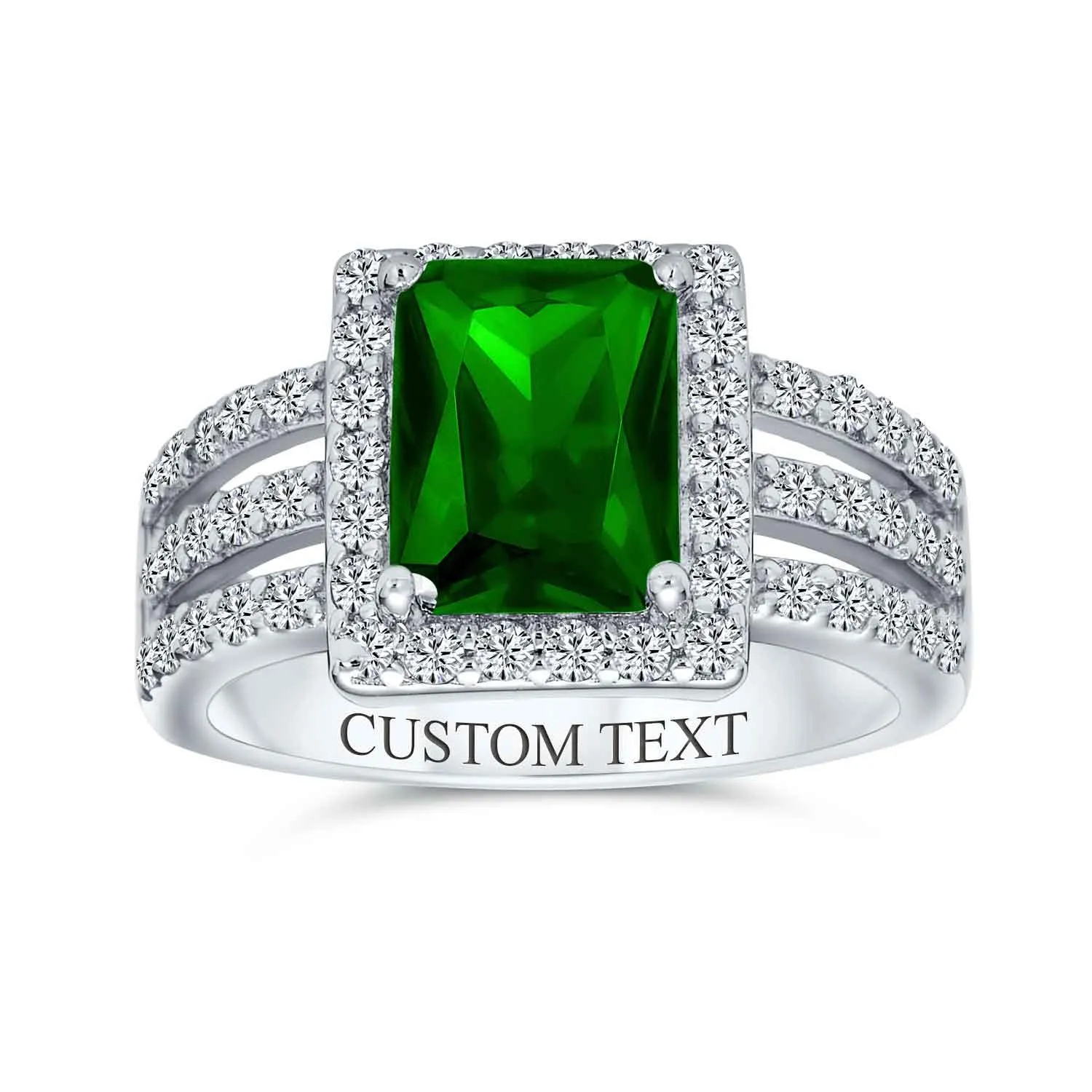 Art Deco 3CTW Emerald Cut Halo Engagement Ring, Sterling Silver Wide Band