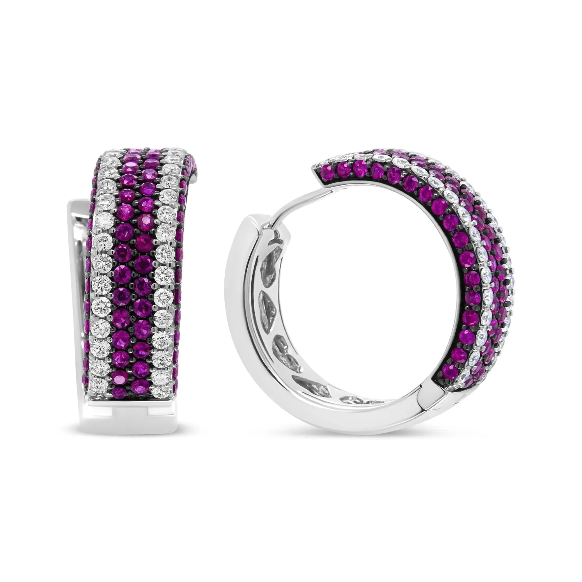 Artistic 18K White Gold Hoops with Dazzling Diamond and Ruby Accents