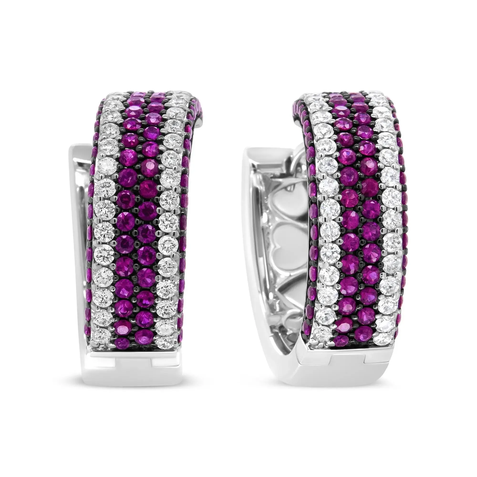 Artistic 18K White Gold Hoops with Dazzling Diamond and Ruby Accents
