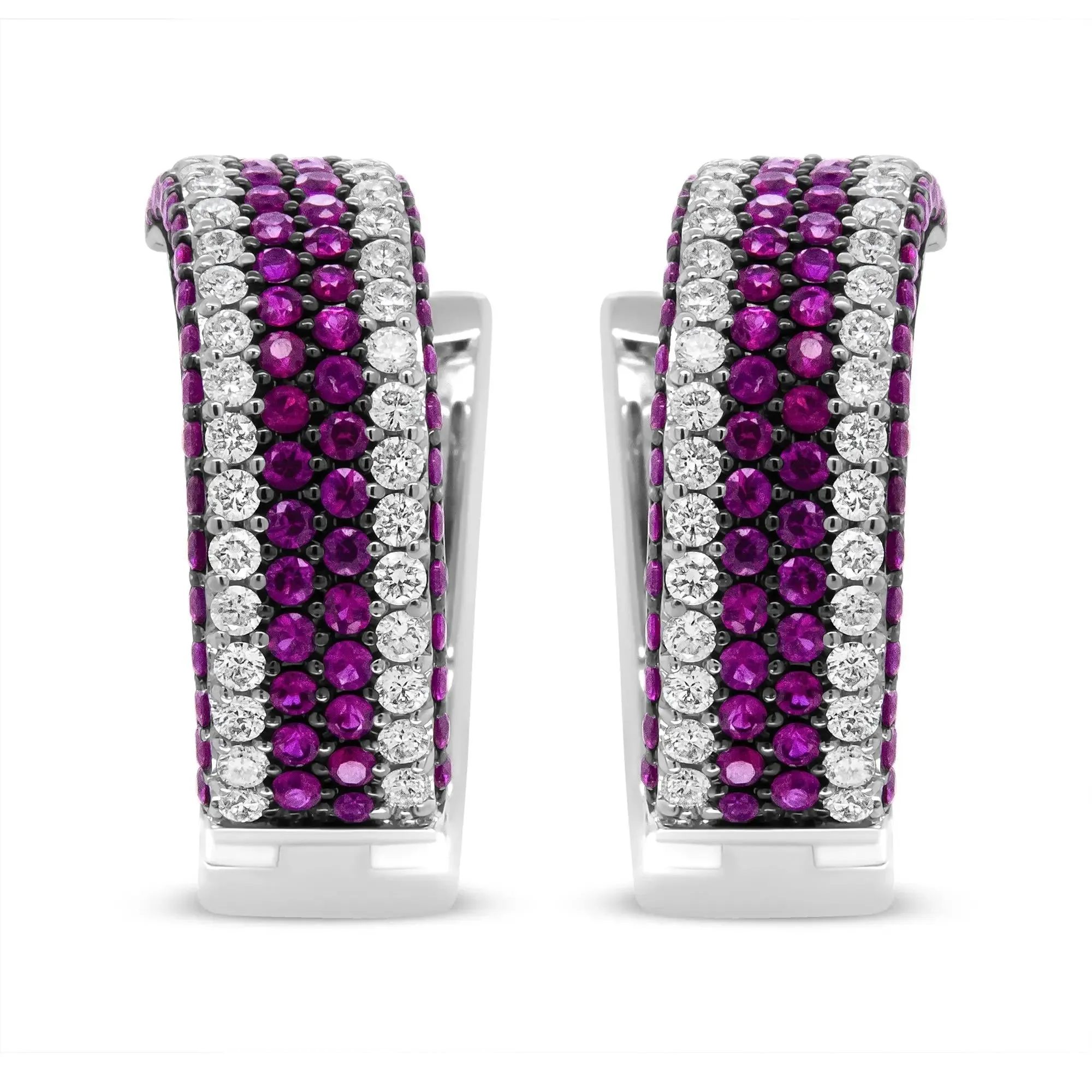 Artistic 18K White Gold Hoops with Dazzling Diamond and Ruby Accents