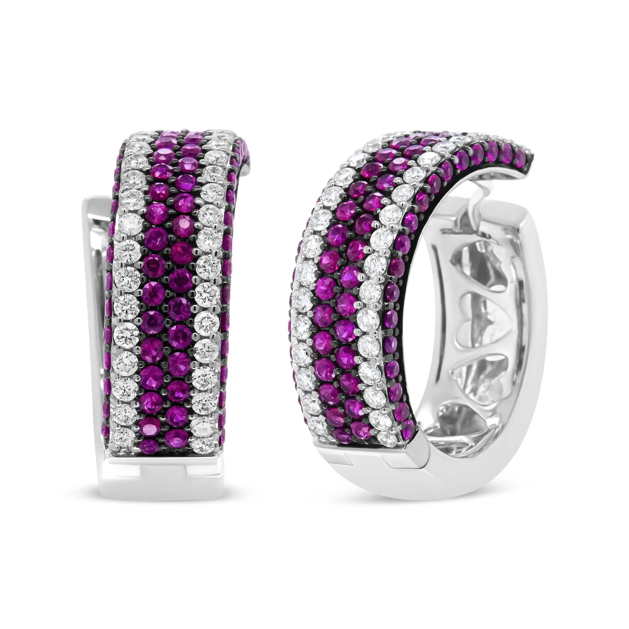 Artistic 18K White Gold Hoops with Dazzling Diamond and Ruby Accents